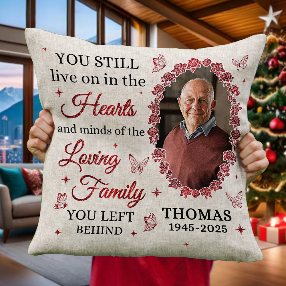 Personalized memorial pillow with "You Still Live On" design, a thoughtful sympathy gift.