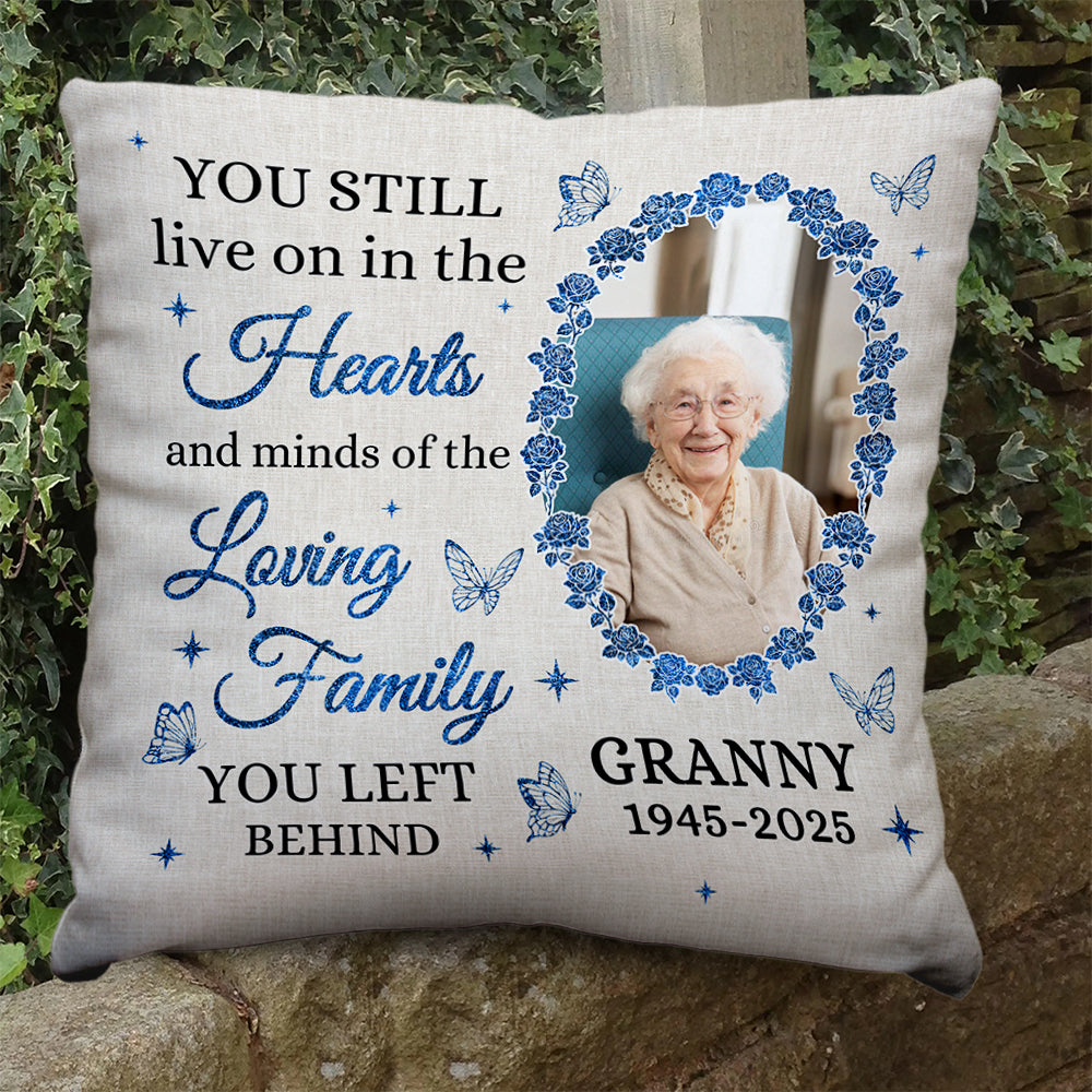 Personalized memorial pillow with "You Still Live On" design, a thoughtful sympathy gift.