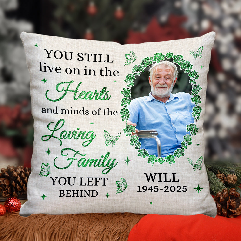 Personalized memorial pillow with "You Still Live On" design, a thoughtful sympathy gift.