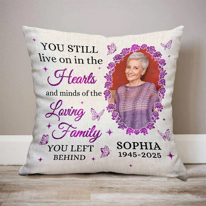 Personalized memorial pillow with "You Still Live On" design, a thoughtful sympathy gift.