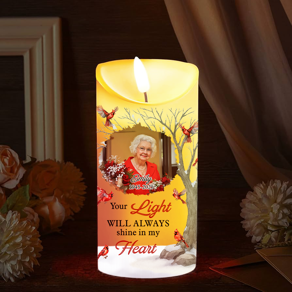 Personalized photo LED candle with custom image and heartfelt message, "Your light will always shine in my heart."