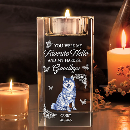 Personalized crystal candle holder with engraved message, "Your light will always shine," a thoughtful memorial gift.