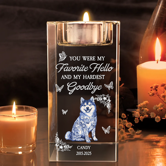Personalized crystal candle holder with engraved message, "Your light will always shine," a thoughtful memorial gift.