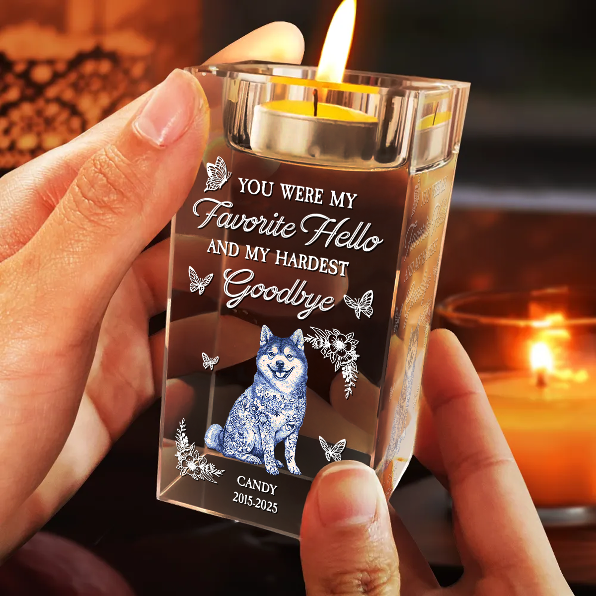 Personalized crystal candle holder with engraved message, "Your light will always shine," a thoughtful memorial gift.
