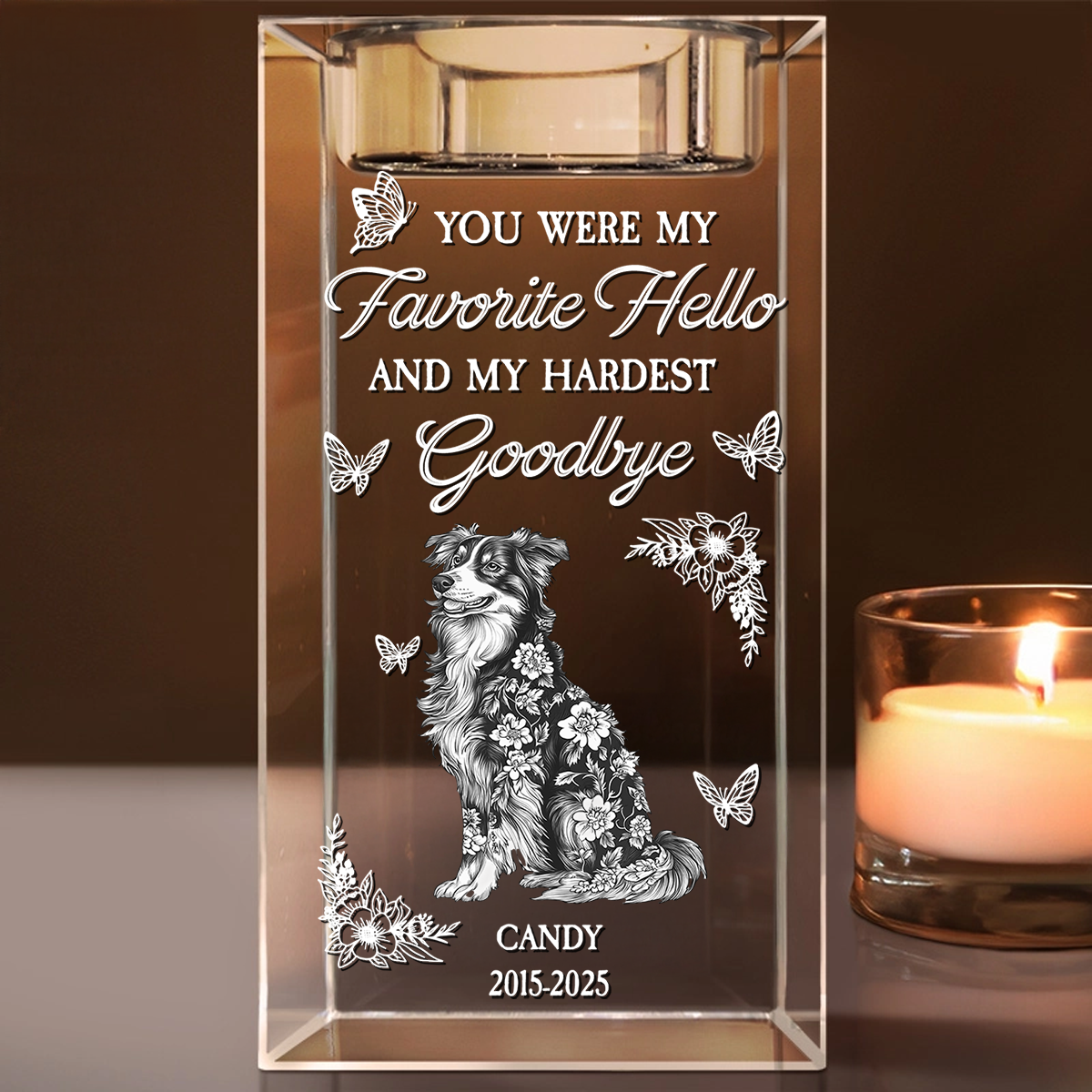 Personalized crystal candle holder with engraved message, "Your light will always shine," a thoughtful memorial gift.