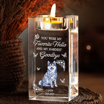 Personalized crystal candle holder with engraved message, "Your light will always shine," a thoughtful memorial gift.