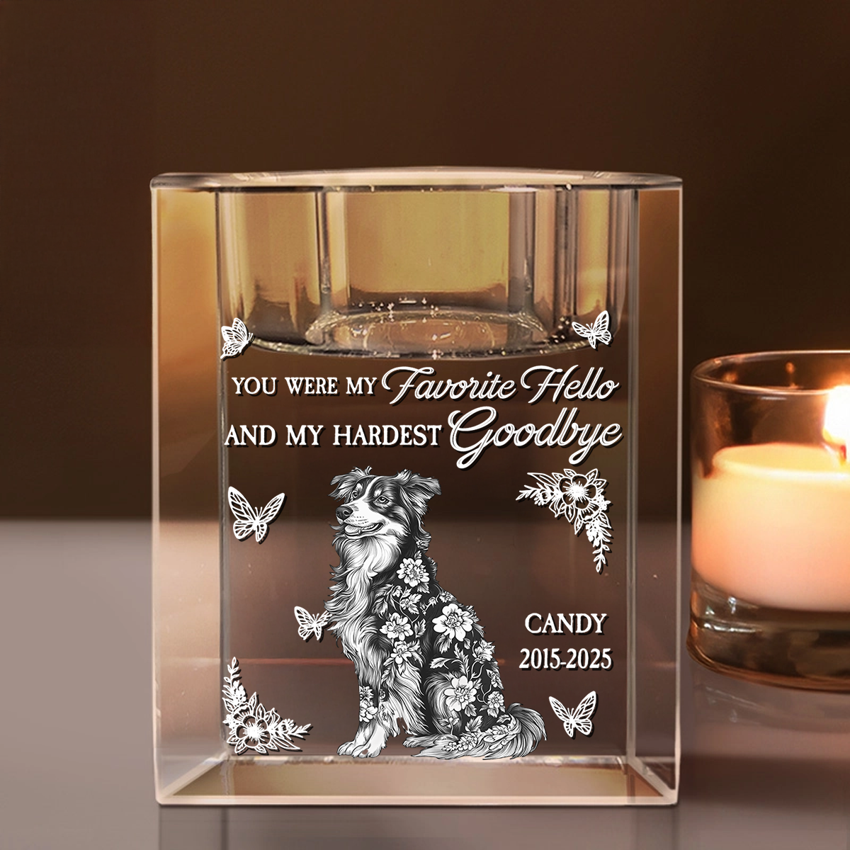 Personalized crystal candle holder with engraved message, "Your light will always shine," a thoughtful memorial gift.